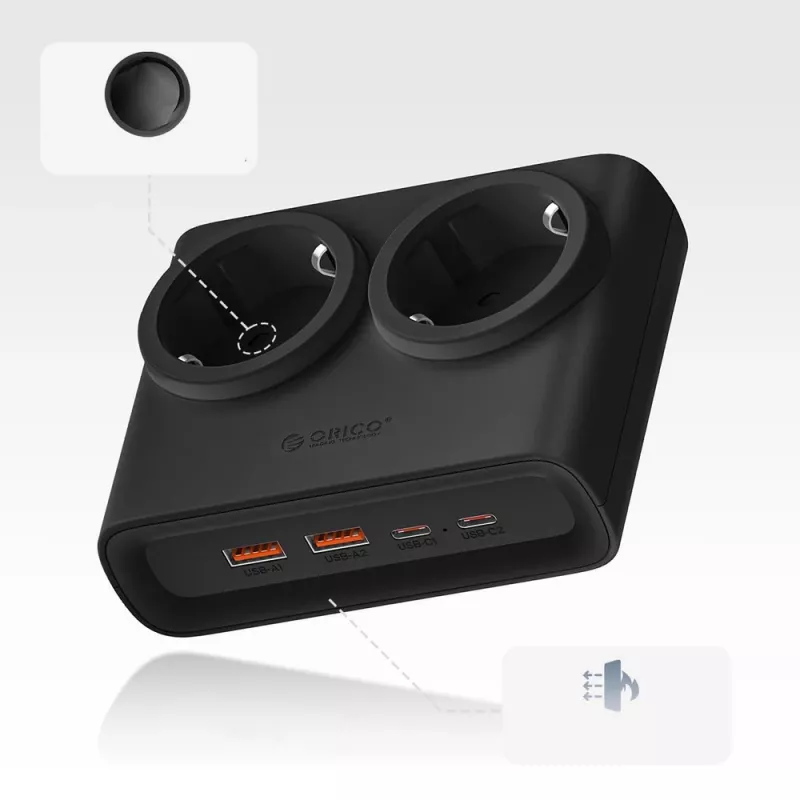 ORICO PDC25 25W 6-in-1 virtalista 2 AC-pistorasialla, 2 USB-A- ja 2 USB-C-liitännällä - musta
