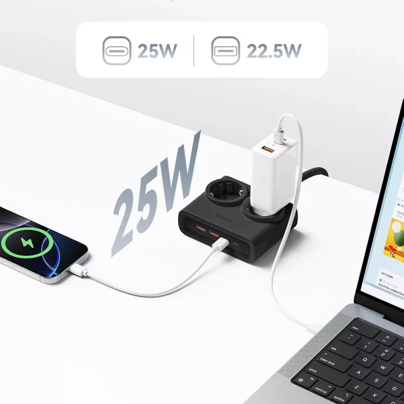 ORICO PDC25 25W 6-in-1 virtalista 2 AC-pistorasialla, 2 USB-A- ja 2 USB-C-liitännällä - musta