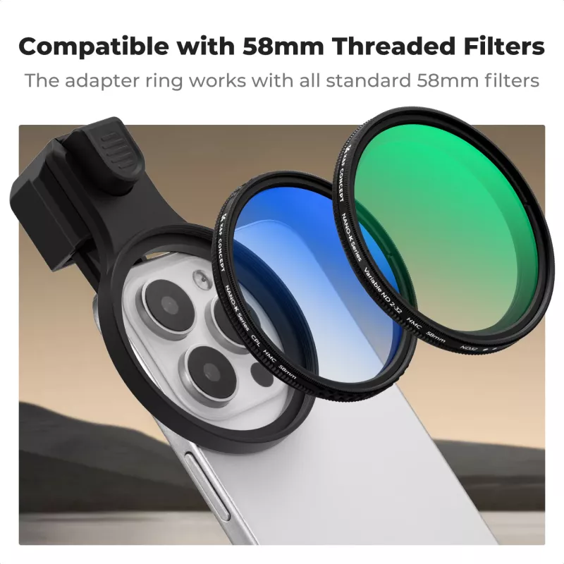 K&F Concept älypuhelinpidike 58mm suodattimille ja objektiiveille - musta