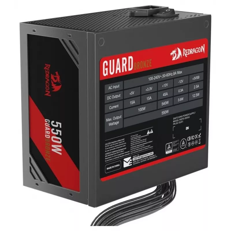 Redragon Guard GC-GU01 550W -virtalähde, 80 PLUS Standard, Active PFC, ei-modulaarinen, 120 mm tuuletin, musta