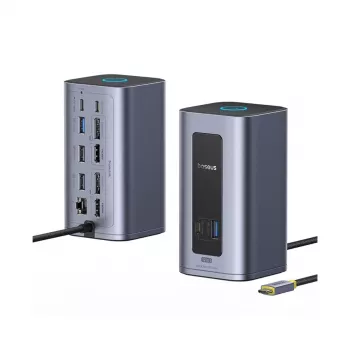 Baseus Nomos NU1 Air Spacemate 12-in-1 USB-C telakointiasema, 2x HDMI 4K@60Hz, 2x DP 4K@60Hz, 2x USB-C, 2x USB-A 5Gbps, 2x USB-A 2.0, RJ45 Gigabit Ethernet, harmaa