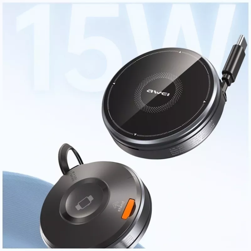 AWEI W27 3-in-1 langaton latausasema 15W pikalataus USB-C-kaapelilla musta