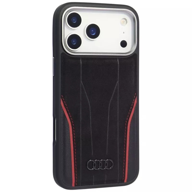 Audi R8 aito nahka MagSafe -kotelo iPhone 15 Pro musta punaisin yksityiskohdin