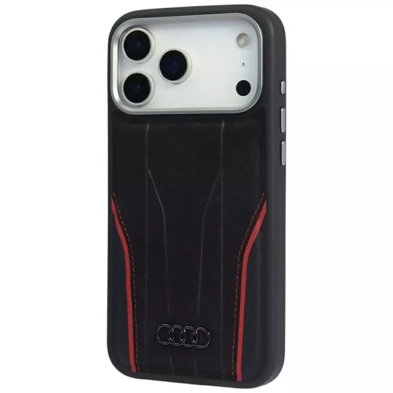 Audi R8 aito nahka MagSafe -kotelo iPhone 15 Pro musta punaisin yksityiskohdin