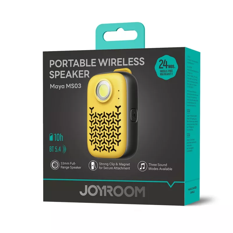 Joyroom Maya JR-MS03 kannettava Bluetooth-kaiutin sisäänrakennetulla taskulampulla, IPX4, 5W, 1200mAh, keltainen