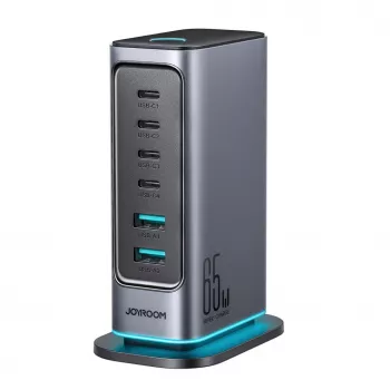 Joyroom JR-TCM02 GaN 65W moniporttilaturi 4x USB-C 2x USB-A EU-pistoke tummanharmaa