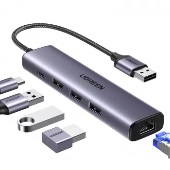 UGREEN 5-in-1 USB-A -keskitin 3x USB 3.0 + RJ45 + USB-C (hopea)