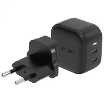 ENERGEA Travelite GAN45 45W GaN USB-C kaksiporttinen matkalaturi US+EU-sovittimilla, musta