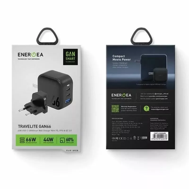 ENERGEA Travelite GAN66 66W GaN USB-C -laturi 2C1A musta US+EU