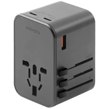 ENERGEA Travelworld Adapter GaN65W 65W 1xUSB-A 2xUSB-C PD PPS QC 3.0 vaihdettavat pistokkeet US/EU/UK gunmetal harmaa