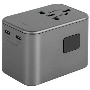 ENERGEA Travelworld Adapter GaN65W 65W 1xUSB-A 2xUSB-C PD PPS QC 3.0 vaihdettavat pistokkeet US/EU/UK gunmetal harmaa