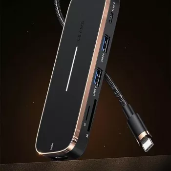USAMS SJ575HUB01 USB-C-keskitin 2x USB-A USB-C PD HDMI SD Micro SD -kortinlukija musta