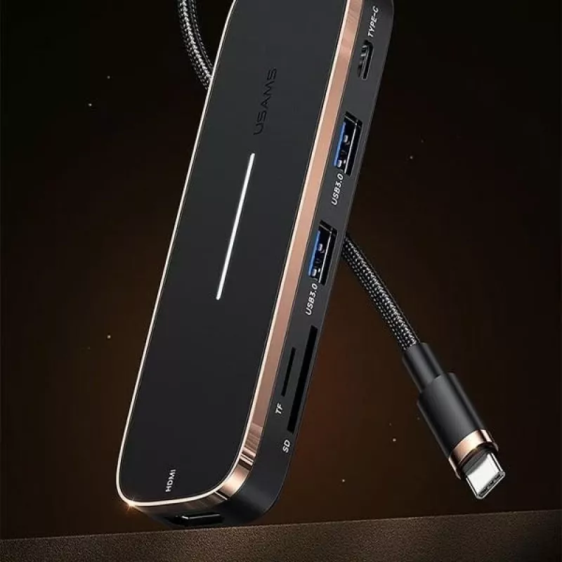 USAMS SJ575HUB01 USB-C-keskitin 2x USB-A USB-C PD HDMI SD Micro SD -kortinlukija musta
