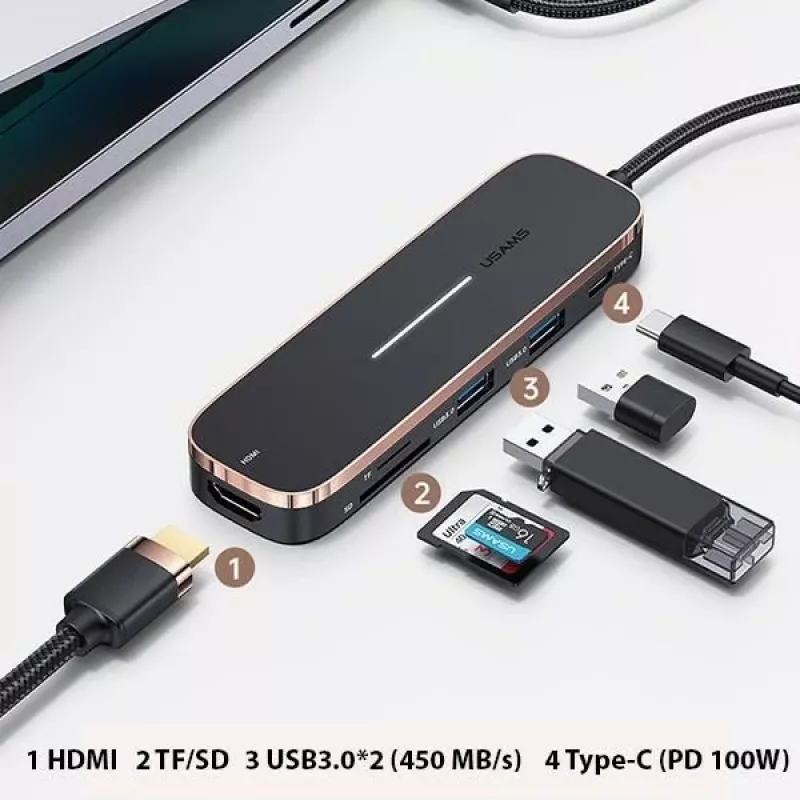 USAMS SJ575HUB01 USB-C-keskitin 2x USB-A USB-C PD HDMI SD Micro SD -kortinlukija musta