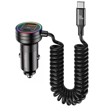 USAMS autolaturi 60W 2xUSB-C 1xUSB-A spiraalikaapelilla pikalataus PD QC musta CC167CC01