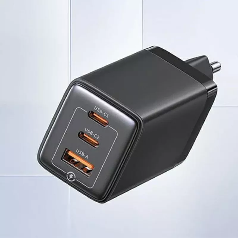 USAMS Sandru Series 65W GaN seinälaturi 2xUSB-C 1xUSB-A PD3.0 QC3.0 pikalataus musta CC180TC01