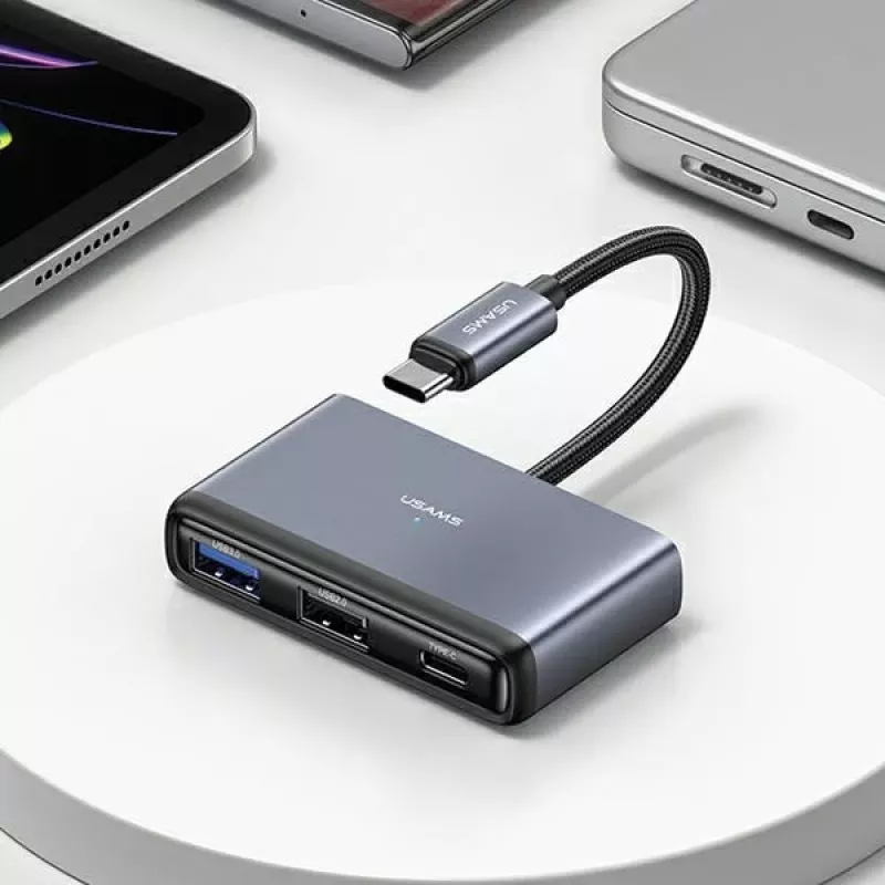 USAMS 4-in-1 USB-C-keskitinadapteri 2x USB 2.0 / USB 3.0 / USB-C tummanharmaa SJ627HUB01 (US-SJ627)