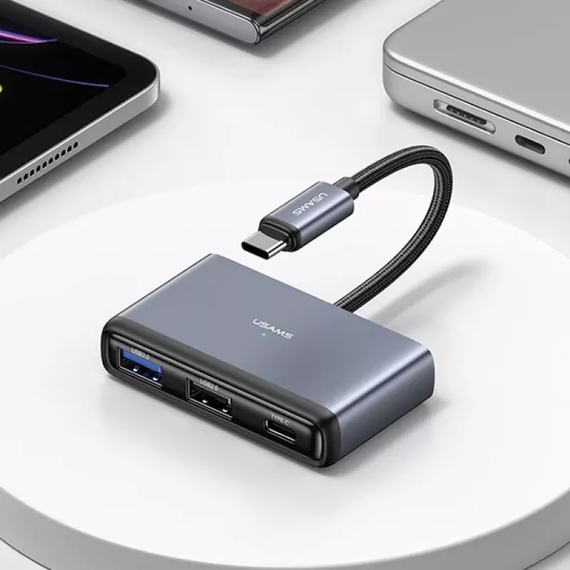 USAMS 5-in-1 USB-C-keskitin USB 2.0/USB 3.0/USB-C/TF/SD tummanharmaa SJ628HUB01 (US-SJ628)