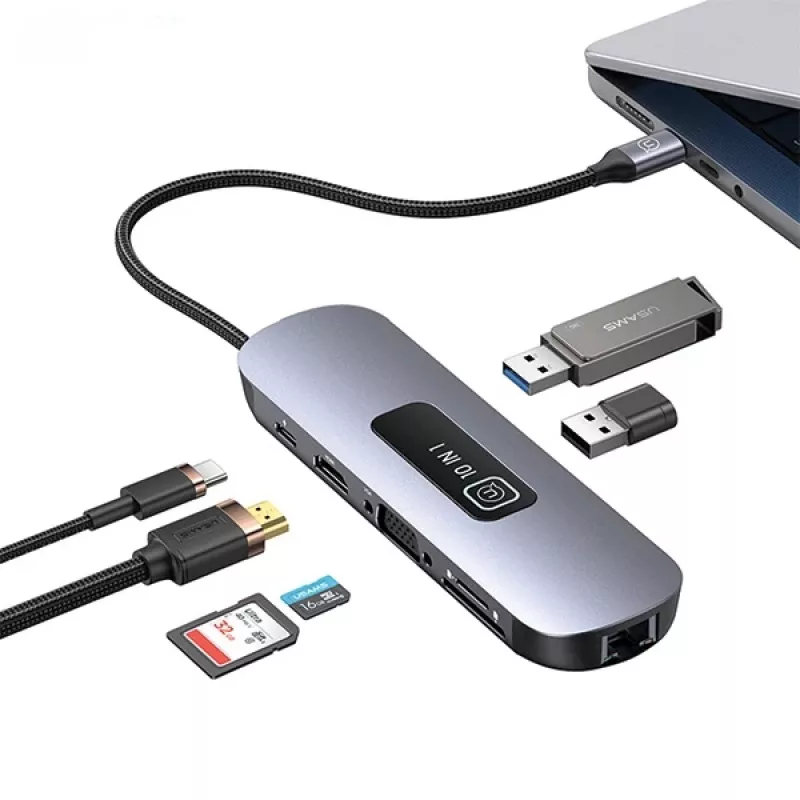 USAMS 10-in-1 USB-C-keskitinadapteri 3x USB 3.0, SD/TF, HDMI, VGA, RJ45, PD 100W, harmaa