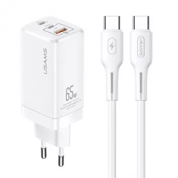 USAMS GaN 65W USB-C-laturi MTXLOGTC02 valkoinen 100W USB-C-kaapelilla