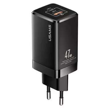 USAMS T41 GaN 47W USB-C+USB-A pikalaturi EU-pistoke musta