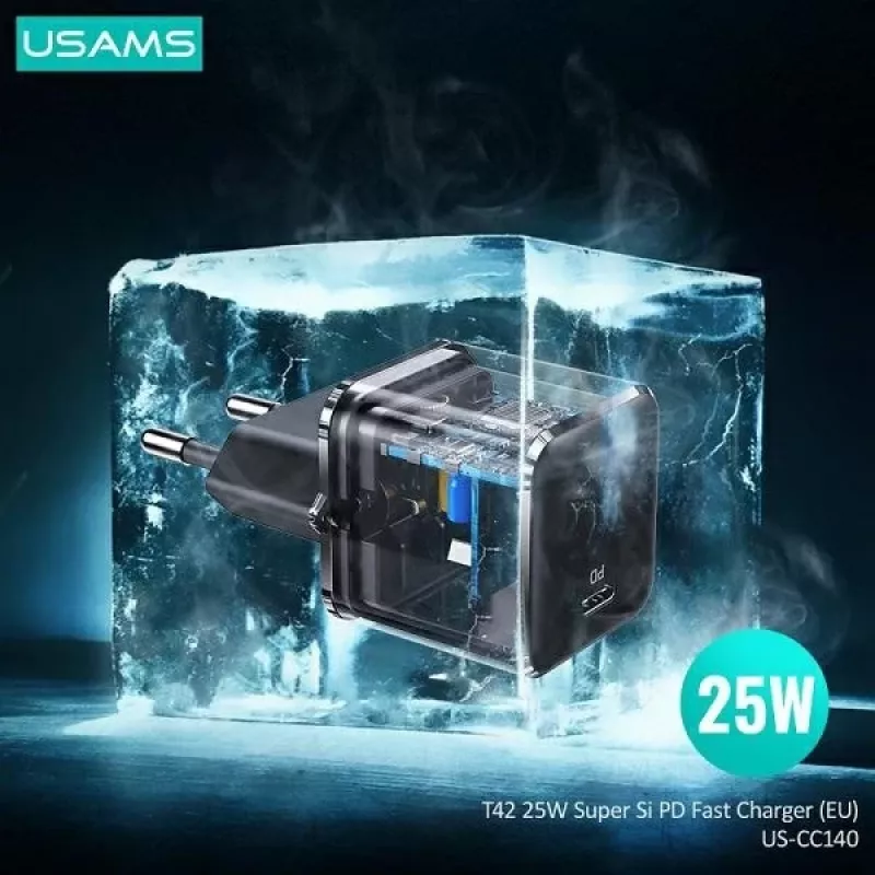 USAMS T42 Mini 25W USB-C PD3.0 pikalaturi (vain pää) musta CC140TC01
