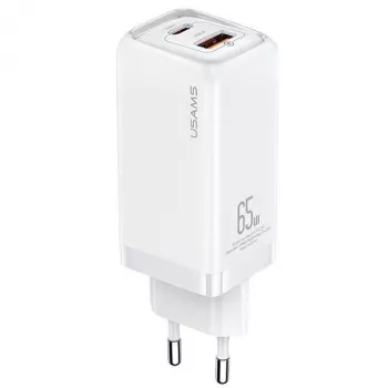 USAMS T47 65W PD-pikalataus Super Si -seinälaturi 1x USB-C ja 1x USB-A, valkoinen (CC153TC02)