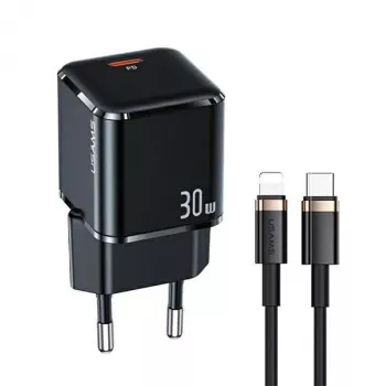 USAMS T45 30W PD3.0 USB-C pikalaturi U63 USB-C - Lightning -kaapelilla, musta, UXTZH01