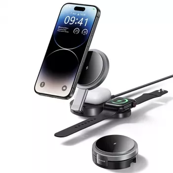 USAMS taitettava 3-in-1 langaton latausasema 15W puhelimelle/Apple Watchille/nappikuulokkeille CD234WXC01 (US-CD234)