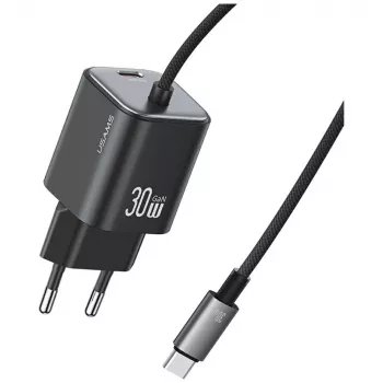 USAMS 30W GaN-pikalaturi USB-C-kaapelilla (musta, EU-pistoke)