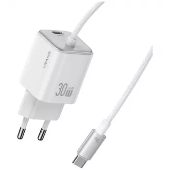 USAMS JC Series CC264 30W GaN mini-pikalaturi, USB-C integroidulla USB-C-kaapelilla, valkoinen
