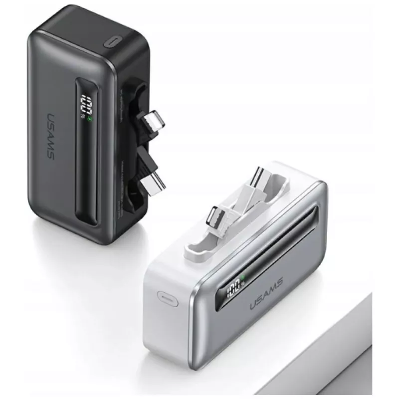Powerbank USAMS XB-sarja CD233 5000mAh PD 20W USB-C / Lightning-kaapelilla hopea