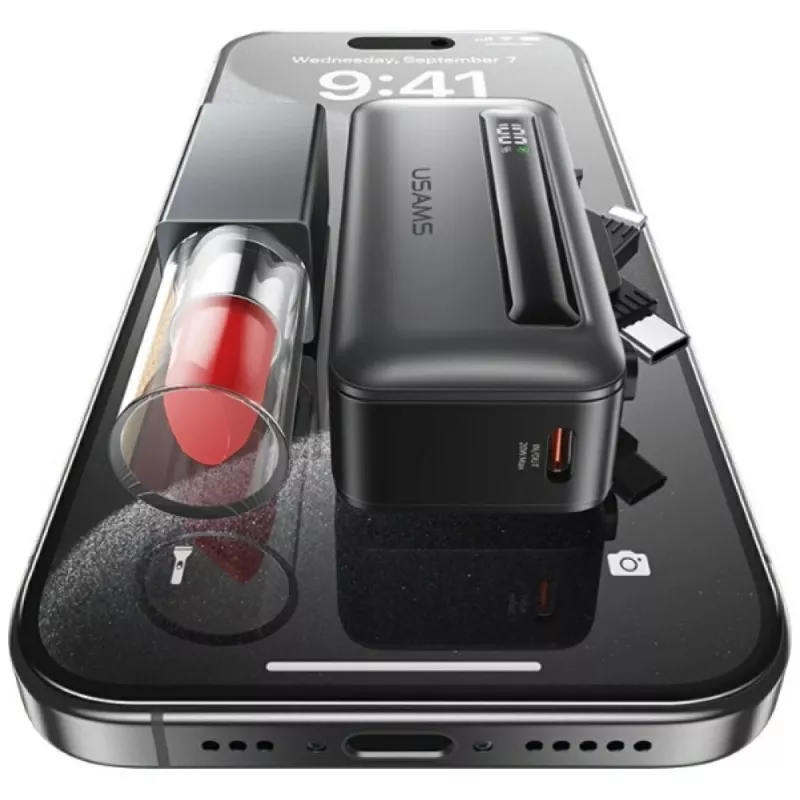 Powerbank USAMS XB-sarja CD233 5000mAh PD 20W USB-C / Lightning-kaapelilla hopea