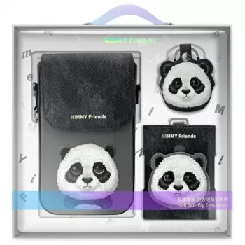 Nimmy 3-in-1 sarja: puhelinpussi + lompakko + paikanninkotelo, musta, Big Eyed Pet 2.0 Panda