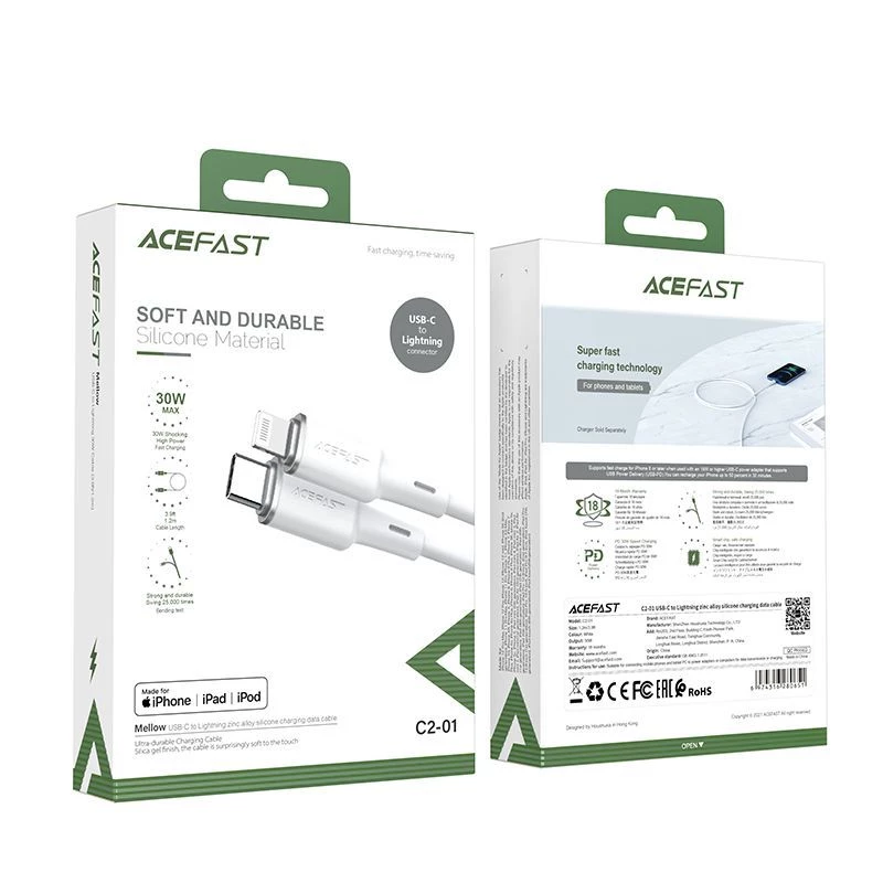 ACEFAST MFI USB-C - Lightning kaapeli 1,2m, 30W, 3A, musta (C2-01)