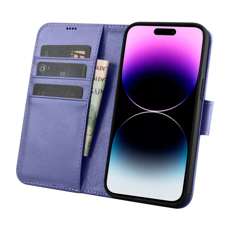 iCarer Wallet Case 2in1 iPhone 14 Pro, nahka-folio RFID-estolla, vaaleanvioletti (WMI14220726-LP)