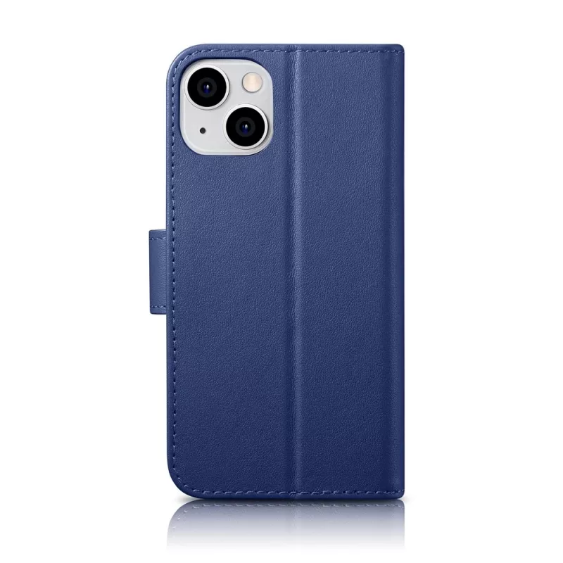 iCarer Wallet Case 2in1 iPhone 14 Plus - aito nahka flip case RFID-estolla, korttipaikoilla, kickstand - sininen