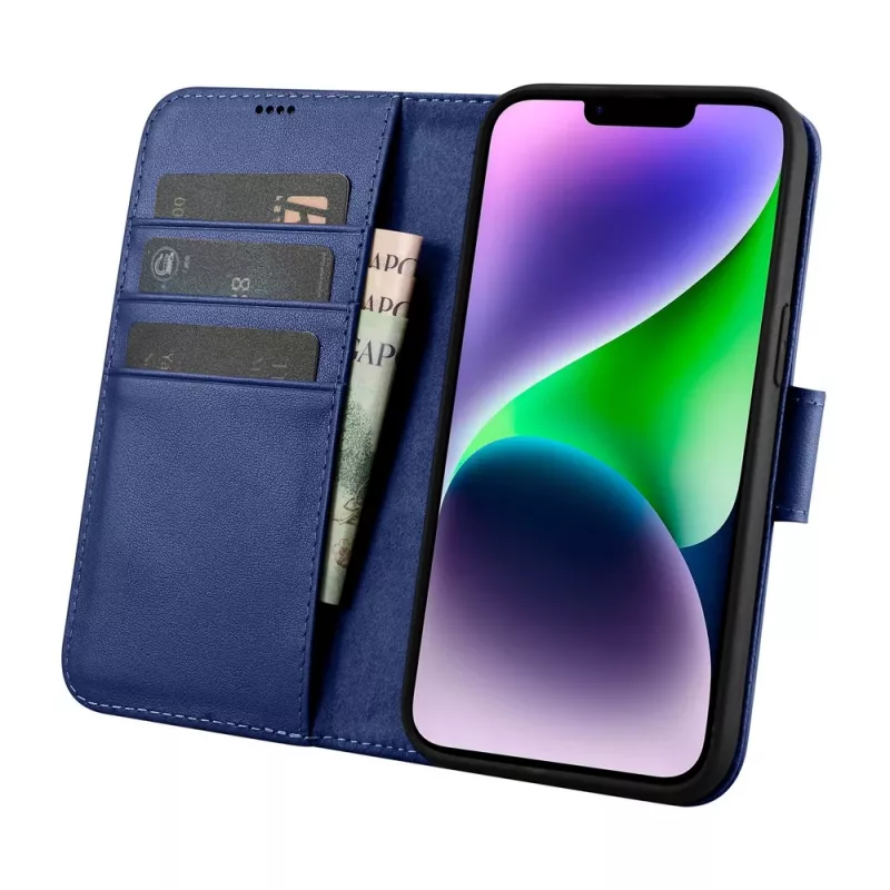iCarer Wallet Case 2in1 iPhone 14 Plus - aito nahka flip case RFID-estolla, korttipaikoilla, kickstand - sininen