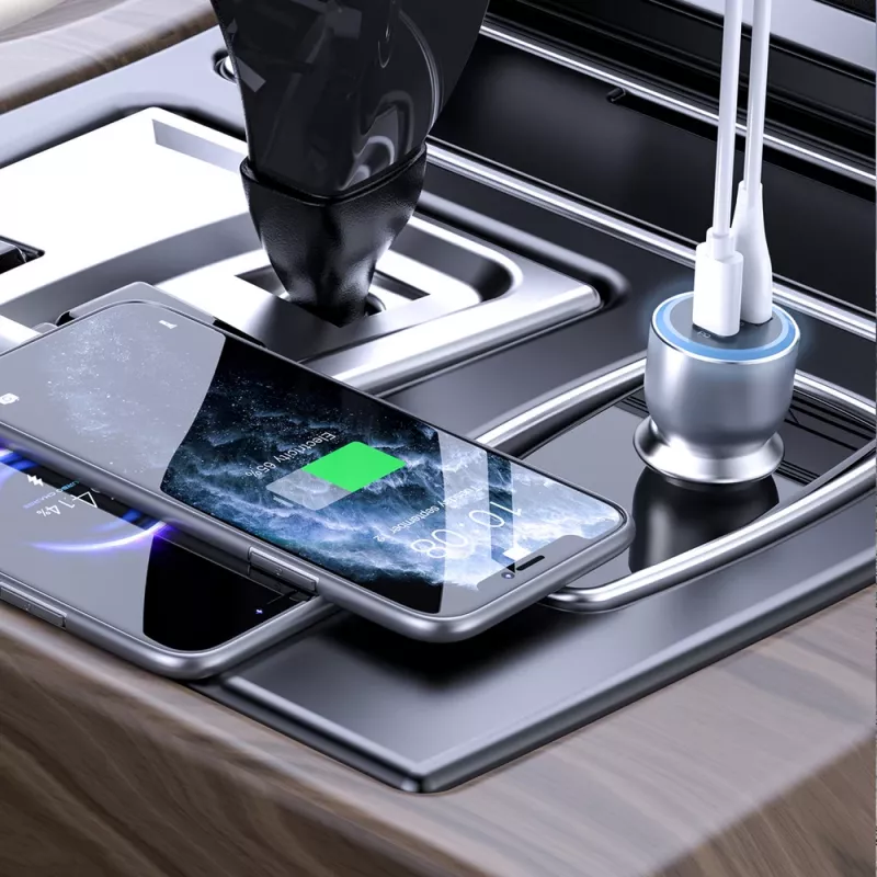 Dudao R4Ultra 120W autolaturi Power Delivery Quick Charge LED USB-A USB-C harmaa