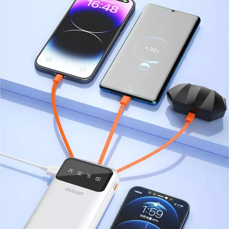 Dudao K6Pro+ power bank 20000mAh 4 sisäänrakennetulla kaapelilla USB-C, Micro USB, Lightning, USB-A (tulo) - valkoinen