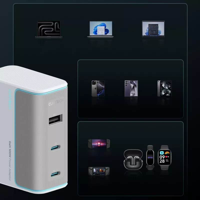 CUKTECH AD1003EU 100W GaN -seinälaturi 2x USB-C + USB-A kaapelilla - valkoinen