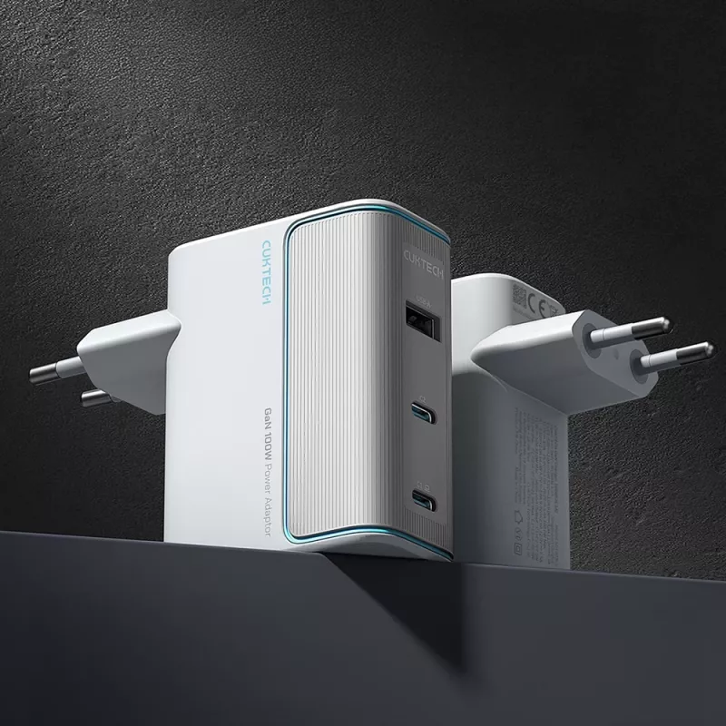 CUKTECH AD1003EU 100W GaN -seinälaturi 2x USB-C + USB-A kaapelilla - valkoinen
