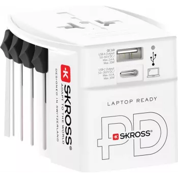 SKROSS MUV USB AC30PD maailmanmatkailusovitin USB-laturilla, valkoinen