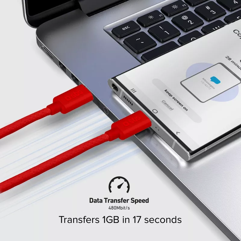 SBS TECABLETISSUETCCR USB-C - USB-C -kaapeli 1,5 m 60 W punottu punainen