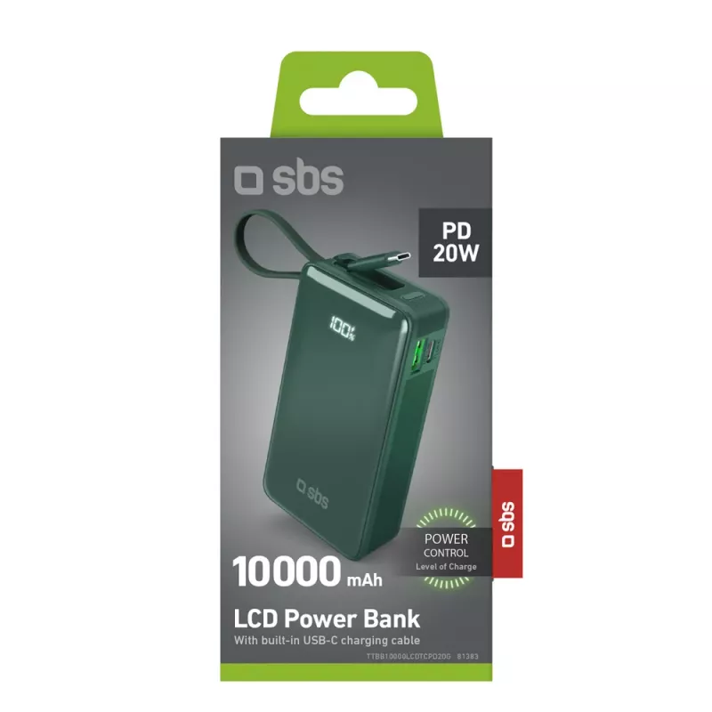 SBS varavirtalähde 10000 mAh sisäänrakennetulla USB-C-kaapelilla vihreä