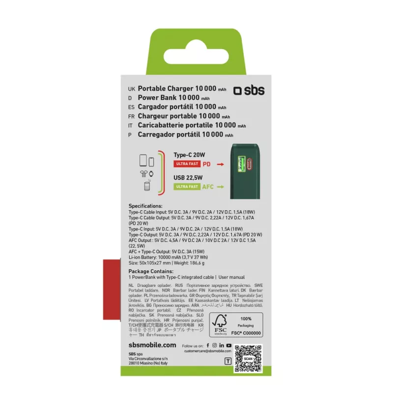 SBS varavirtalähde 10000 mAh sisäänrakennetulla USB-C-kaapelilla vihreä