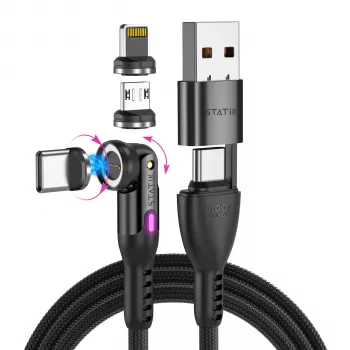 STATIK 360Pro punottu pyörivä 3 magneettikärkinen 6-in-1-kaapeli musta 2 m