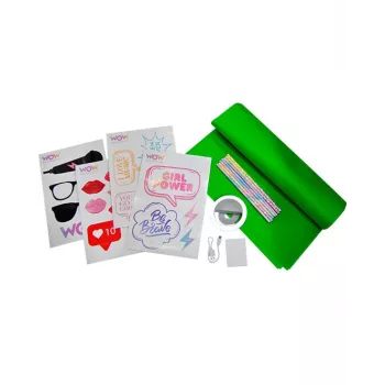 KIDS LED-rengasvalo puhelimen selfie-vlogiin + tarvikesarja greenscreen 1,5x1 m Wow Generation / Wow00024