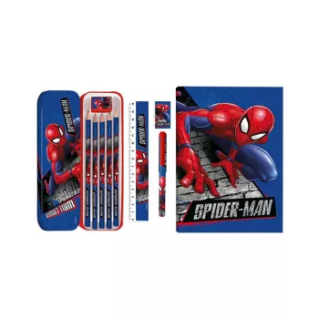 Lasten 11-in-1 Spider-Man koulun kirjoitustarvikesarja penaalilla, värikynillä, A5-muistikirjalla ja muulla