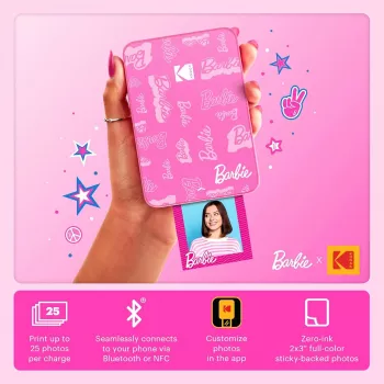 KODAK Step Slim Barbie pikavalokuvatulostin - Bluetooth 5.0, ZINK Zero Ink -tekniikka, 2x3 tuuman tulosteet, Barbie pinkki